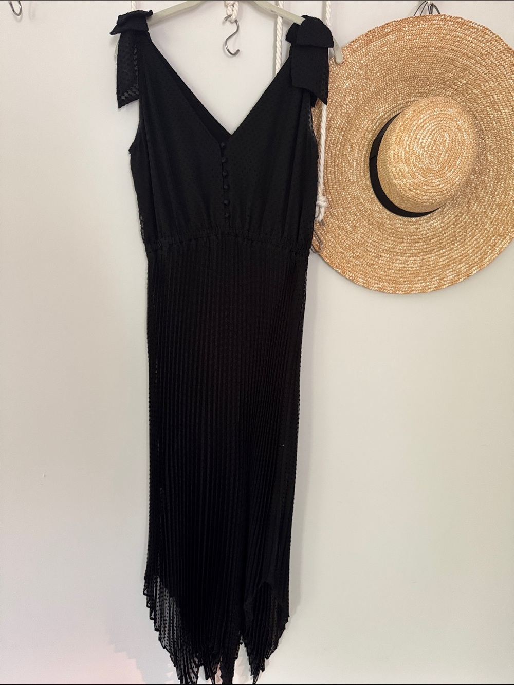The Kooples Black Tie-Shoulder V-Neck Pleated Midi Dress